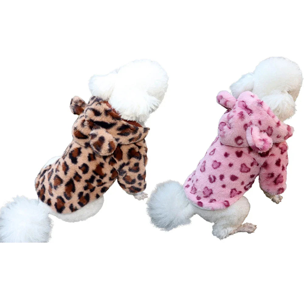 Leopard Fleece Dog Hoodie Coat Jacket Warm Winter Clothes for Small Dogs French Bulldog Chihuahua