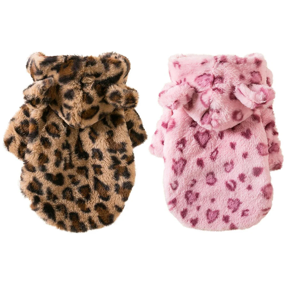 Leopard Fleece Dog Hoodie Coat Jacket Warm Winter Clothes for Small Dogs French Bulldog Chihuahua