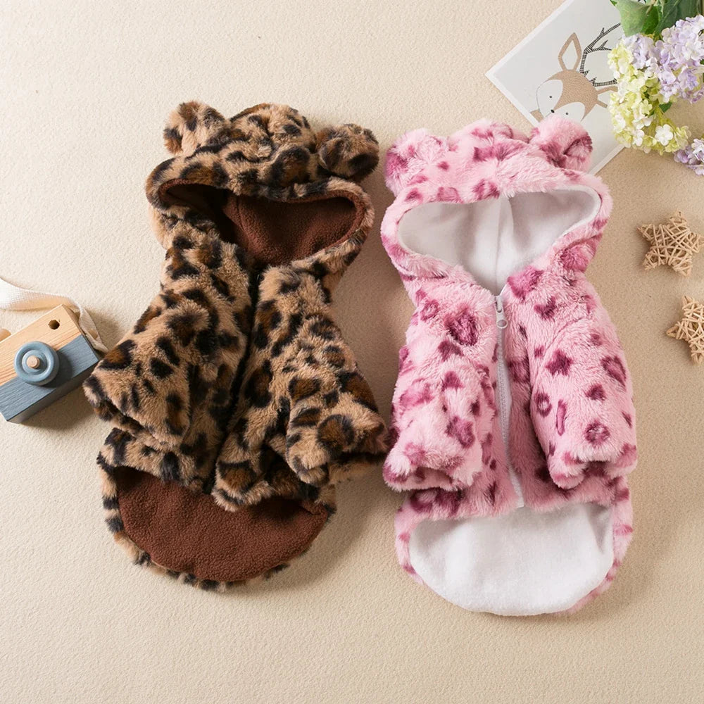 Leopard Fleece Dog Hoodie Coat Jacket Warm Winter Clothes for Small Dogs French Bulldog Chihuahua