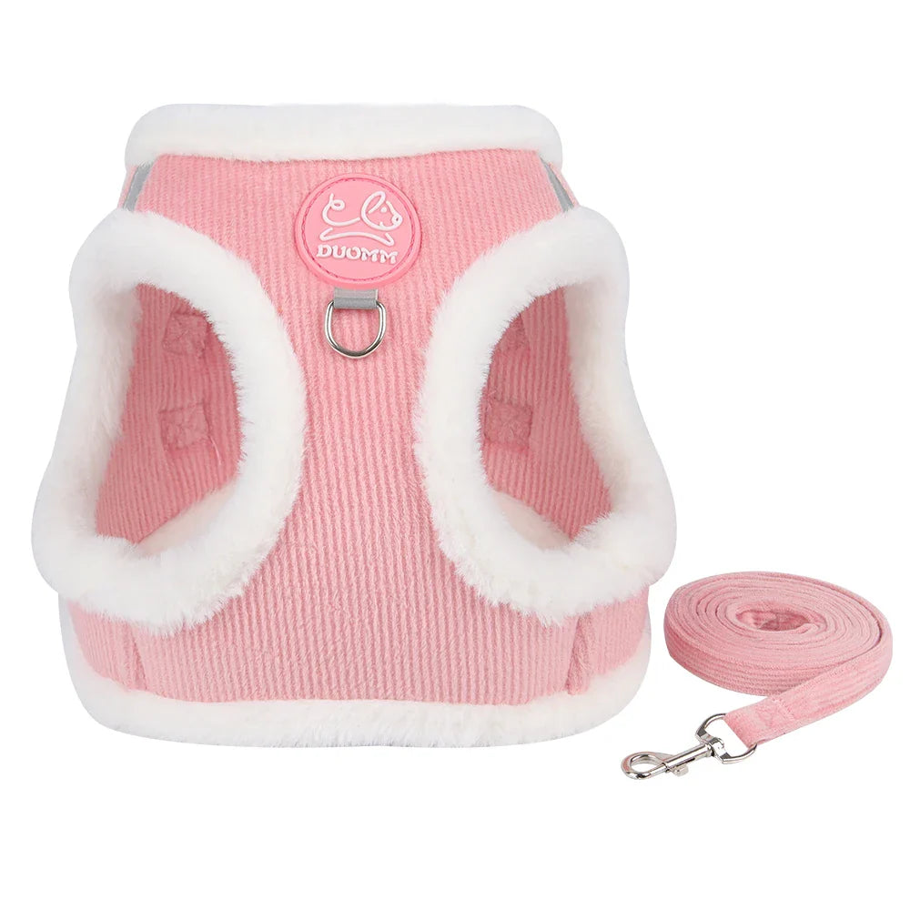Fur-Lined Winter Dog Harness & Leash Set — Warm Plush Pet Harness for Chihuahua, Yorkie & Small Puppies